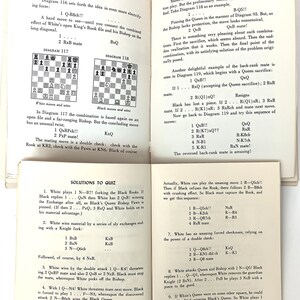 May include: A vintage book titled "Chess for Beginners" and "How to Spot Combinations and Sacrifices" with black and white illustrations of chess pieces on a chessboard. The book includes diagrams and text explaining chess moves and strategies.