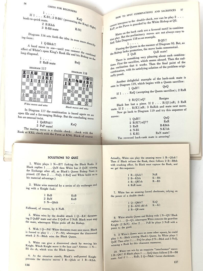 May include: A vintage book titled "Chess for Beginners" and "How to Spot Combinations and Sacrifices" with black and white illustrations of chess pieces on a chessboard. The book includes diagrams and text explaining chess moves and strategies.