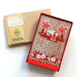 Cartas de pinochle tiki de Congress Riviera de la década de 1930 de E.E. Fairchild Corp., cartas de juego antiguas en caja, cartas de pinochle antiguas de Congress