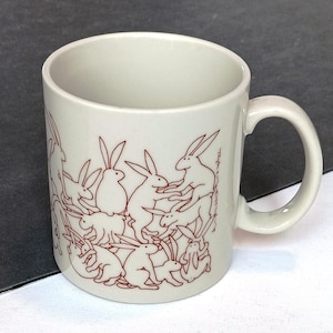 Vintage Taylor & Ng Naughty Rabbits Mug, Brown Line Drawings, Original 1979 Japan, Taylor and Win San Francisco, Risque Bunny Orgy Mug