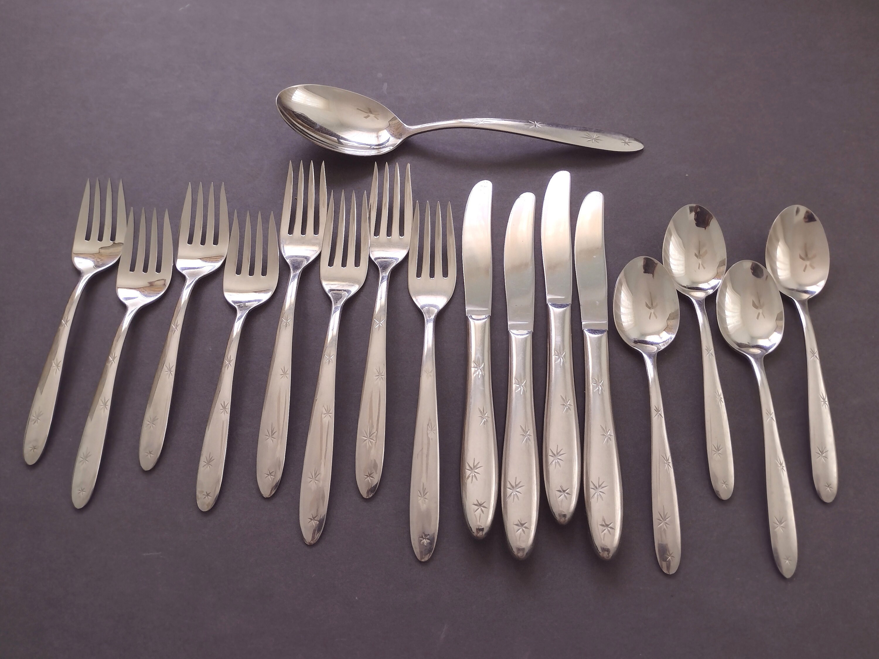 Vintage Set Supre-macy Atomic Starburst Flatware, 17-pc Vintage Set Supre-macy Atomic Starburst Flatware, 17-pc