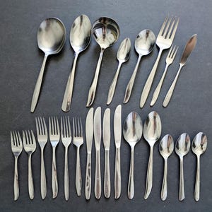 Vintage MCM Atomic Starburst Mismatched Flatware Set: 23 pcs Mixed Brands, Stainless Steel Japan & USA
