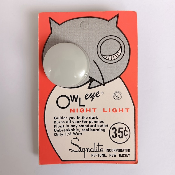 NOS Vintage 1960s Signalite "Owl Eye" Night Light, Orange Neon Glow Lamp, Mid Century Safety Light for Entry, Hall, Bath, Bedroom, Nursery