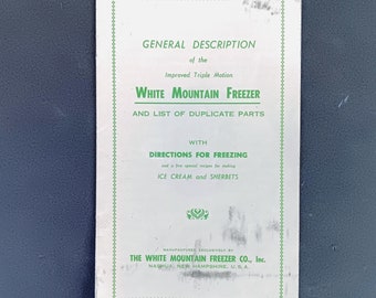 Dépliant vintage 1930 de White Mountain Freezer Co. pour un modèle amélioré avec description, instructions, liste de pièces détachées, recettes de crème glacée