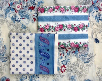 1970s Mismatched Full Double Flat Sheet + 2 Pillowcases, Blue Pink Floral Paisley, Vintage Romantic Shabby Cottagecore Country Grandma Sheet