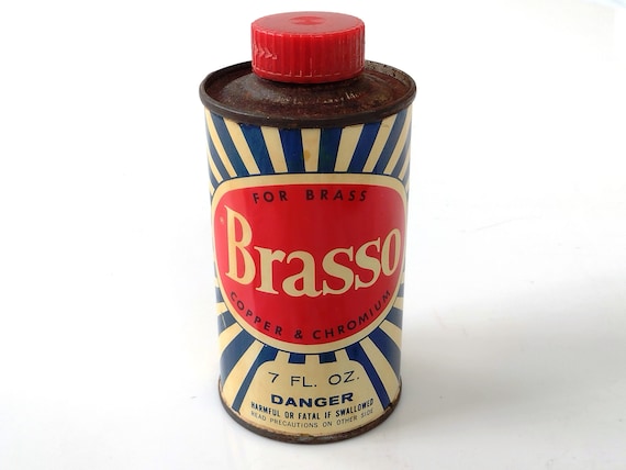 Vintage Round Brasso Can 20% Full, Late 60s Early 70s Metal Polish,  Lithographed Tin Advertising Collectible, Hardware Display Film Prop 