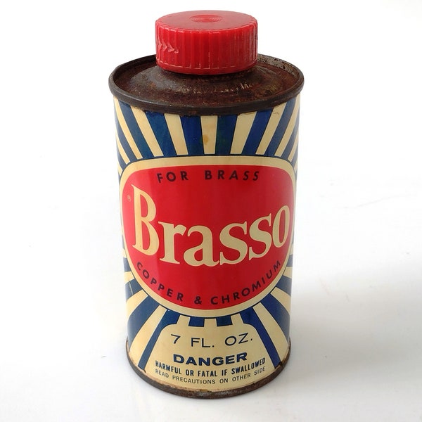 Vintage Round Brasso Can 20% Full, Late 60s - Early 70s Metal Polish, Lithographed Tin Advertising Collectible, Hardware Display Film Prop