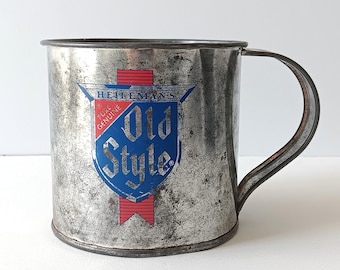 Vintage Heileman's Galvanized Pint Beer Mug, Made in USA 1980s - Repurpose as Planter or Utensil Holder - Red White Blue Patriotic Americana