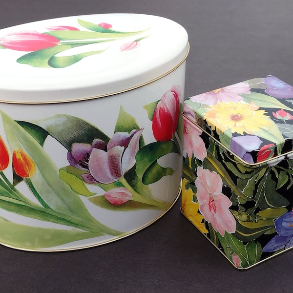 Two (2) Vintage Floral Tins by Louise Carling & Danielle Alt, Made in England 1980s-1990s - White w/Tulips, Black w/Mixed Garden Flowers