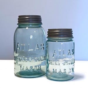 Antique Hazel Atlas Strong Shoulder Aqua Pint + Quart Mason Jars, Dropped A, Zinc & Porcelain Lids, 1900-1925 Canning Jar, Farmhouse Kitchen