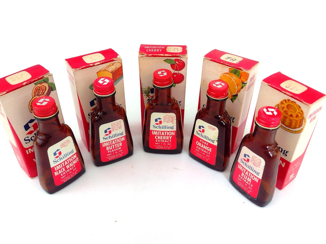 Lot 5 1960s1970s Schilling Extract in Box empty, Brown Glass, Red