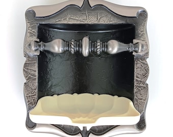 Vintage Amerock Carriage House Recessed Soap Dish & Grab Bar in Antique Silver/Pewter Finish, MCM Circa 1970, Colonial Parchment Design