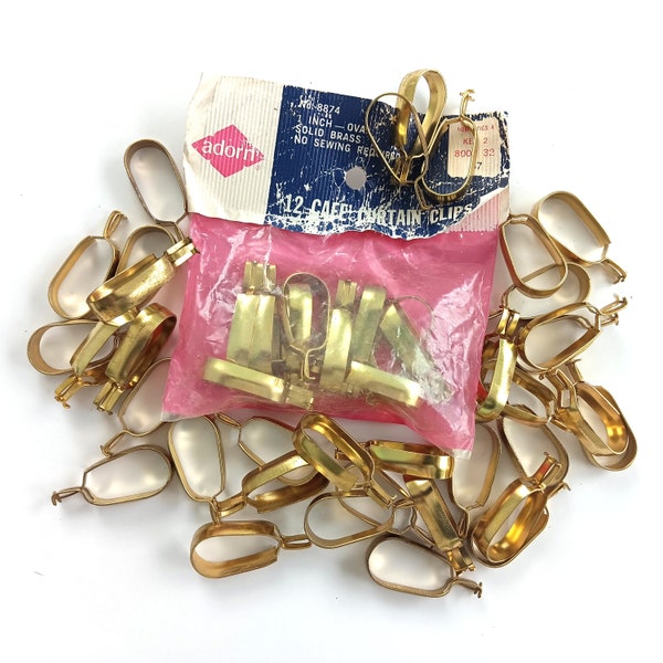 Lot of 47 Vintage Oblong/Oval Brass Curtain Rings, Pinch/Squeeze Clip-on for Flat Rods or 1/2" Round, 1950s Window Dressing, Adorn Brand
