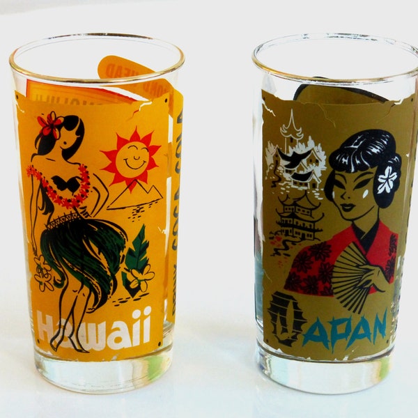 Vintage 1960's Coca-Cola Around the World 12 oz Bar Glass/Tumbler/Collins  - Your Choice: Hawaii or Japan