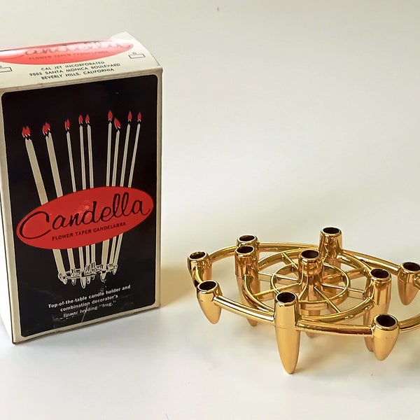 Vintage MCM Candella Gold Bullet Candle Holder & Flower Frog in Box, Circa 1960 Rocket Sputnik Design, Flower Arranging Centerpiece Tool