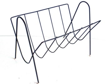 Mid Century Modern Atomic Black Wire Hairpin Magazine Rack, LP Album Storage - Space Age / Sputnik Magazine Rack - Repurposed Towel Holder