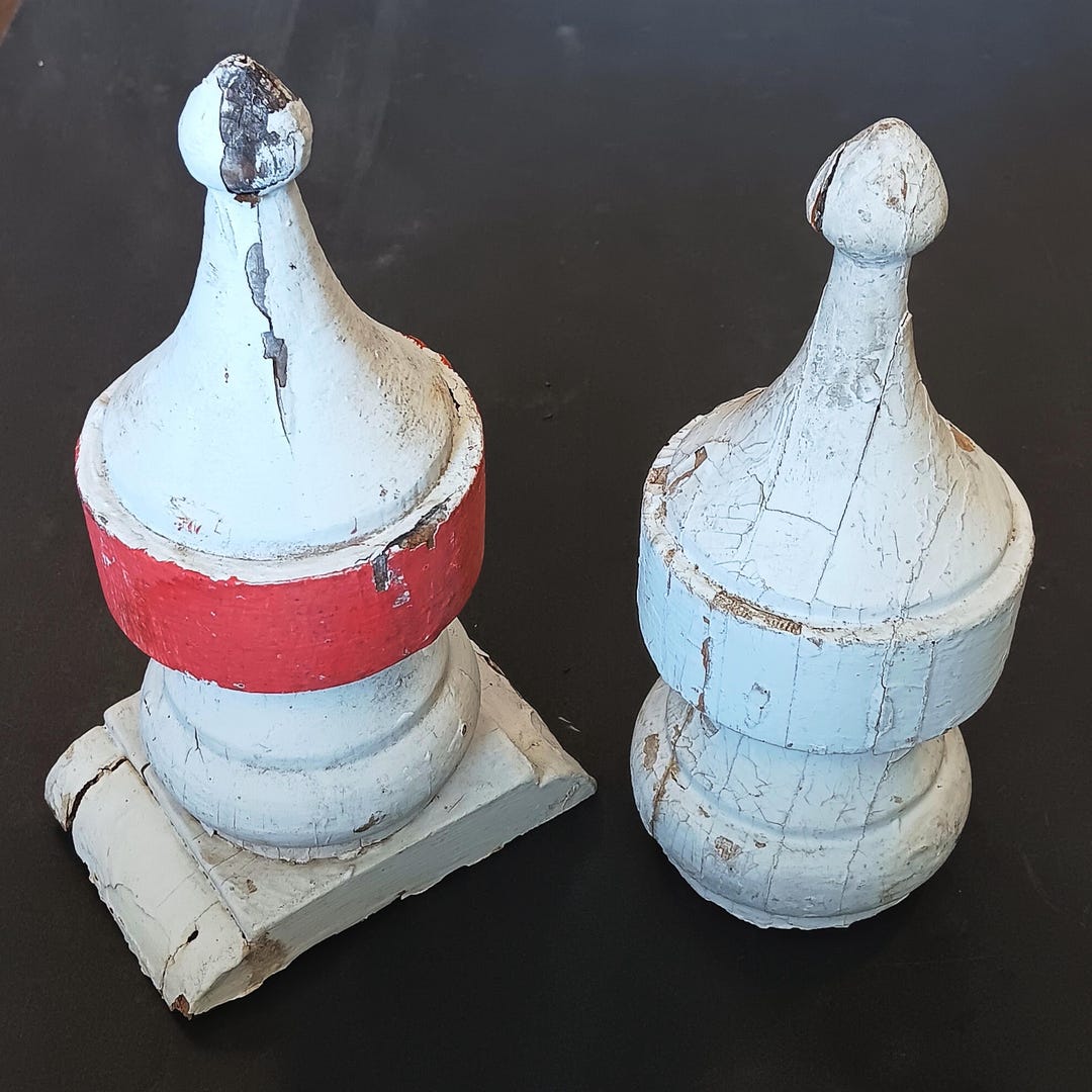 Antique 1800s Hand Turned Wood Finials - 8.5