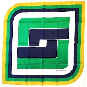 New 1960s-70s Yves Vacarisas Mod Square Silk Scarf, Hand Rolled, Made in Japan - Bold Geometric Design in Navy Blue, Green, Golden Yellow