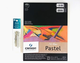 Nouveau papier pastel Canson Mi-Teintes 24 ct multicolore 9 "x 12" Pad + 6 ct Pkg Blending Tortillons (1 utilisé) - Pastels & Pencil Artist Supply