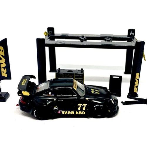 Porsche RWB 993 #77 "Oba Bone" Matt Black and RWB Garage Tools Set of 5 pieces with Stickers for 1/64 models by Tarmac Works FREE shipping