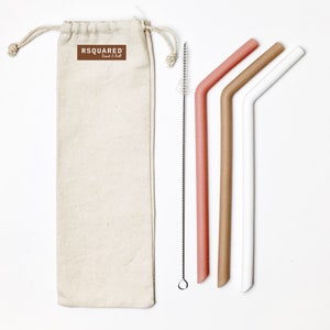 Large Reuse Straw Silicone Straw 3PK Bent Pink White Beige Boba Bubble Tea Stanley the Quencher Yeti Travel Mug Mom Kid