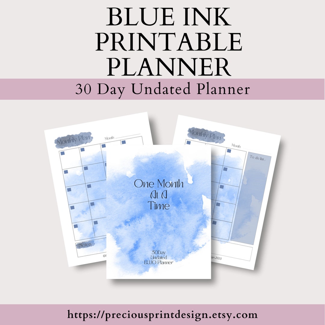 Blue Ink Printable BUJO Undated 30 Day Monthly Planner - Etsy