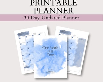 Blue Ink Printable BUJO Undated 30 Day Monthly Planner