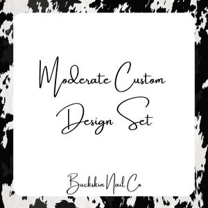 May include: A square graphic with a black and white cow print border surrounding a white center. The text reads Moderate Custom Design Set in black script, with the text Buckskin Nail Co in smaller black script at the bottom of the white area.