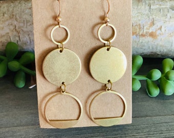 Triple Circle Drop Earrings, Round Gold Earrings, Raw Brass Unique Earrings, Gift for Her, Ready to Ship