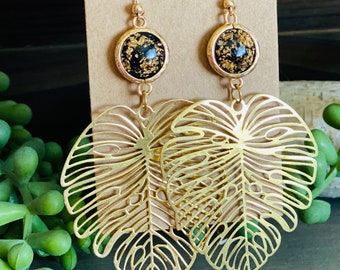 Large Monstera Leaf Earrings, Gold Filled Leaf Jewelry, Split Leaf Accessories, Brass Leaf Earring, Gold Glitter and Black