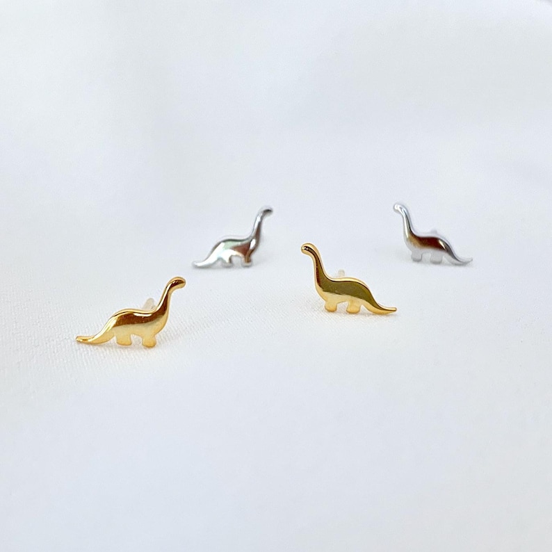 Dainty Dinosaur Stud Earrings - Tiny T-Rex and Brontosaurus Dinosaur Earrings - Dainty Dinosaur Jewelry - Jewelry Gift for Dinosaur Lovers image 2