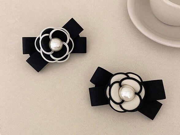 CHANEL Camellia Ribbon Barrette Hair Clip Black Authentic Women Used from  Japan