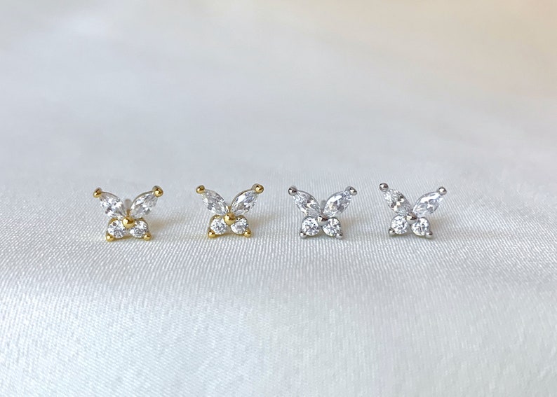 Tiny Cz Butterfly Stud Earrings In Gold And Silver Dainty Etsy