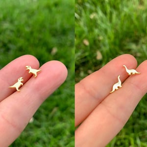 Dainty Dinosaur Stud Earrings - Tiny T-Rex and Brontosaurus Dinosaur Earrings - Dainty Dinosaur Jewelry - Jewelry Gift for Dinosaur Lovers image 1