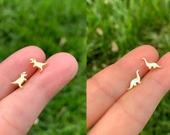 Dainty Dinosaur Stud Earrings - Tiny T-Rex and Brontosaurus Dinosaur Earrings - Dainty Dinosaur Jewelry - Jewelry Gift for Dinosaur Lovers