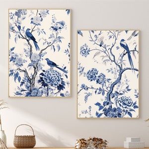 Set of 2 Classic Blue Chinoiserie Posters Art, Extra Large Wall Art