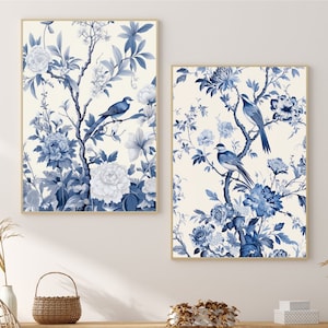 Classic Blue Chinoiserie Set of 2 Posters Art, Extra Large Wall Art