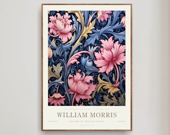 William Morris Print Floral Botanisches Blau und Rosa Poster