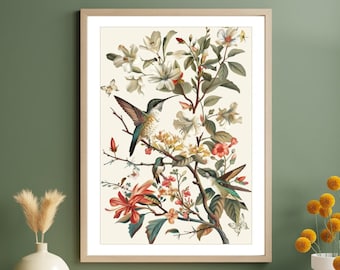 Hummingbird Aesthetic Botanical Art Canvas Print, Vintage Floral Wall Decor