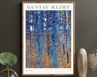 May include: A framed poster of a painting by Gustav Klimt titled "Birch Forest" depicting a forest scene with blue and yellow trees. The poster is in a wooden frame and has the artist's name and the year 1902 printed at the bottom.