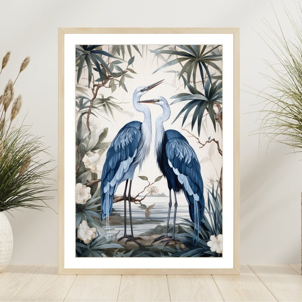 Great Blue Heron Print, Wedding Gift, William Morris Print, Watercolor Painting, Minimalist Coastal Room Decor, Extra Large Bird Picture