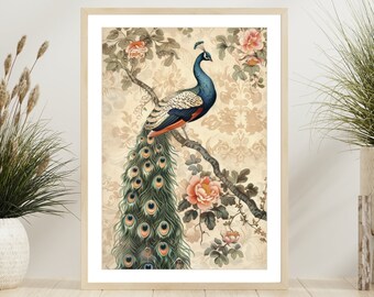 Peacock Botanical Floral Art Canvas Print, Aesthetic Vintage Wall Decor