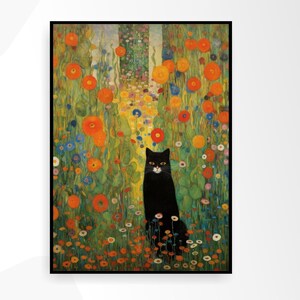 Gustav Klimt Garden Cat Print, Klimt Flowers Cat Poster, Black Cat Art, grappig cadeau voor kattenliefhebbers