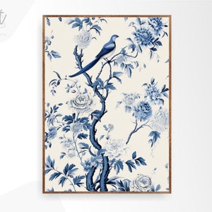 Blue Chinoiserie Wall Art Print, Extra Large Poster, Housewarming Gift, Canvas Wall Art