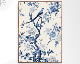 Blue Chinoiserie Wall Art Print, Extra Large Poster, Housewarming Gift, Canvas Wall Art