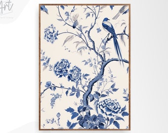 Vintage Antique Blue Chinoiserie Art Print, Extra Large Blue Wall Art Decor