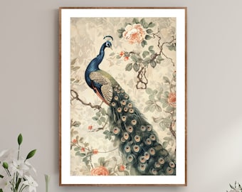 Peacock Botanical Art Canvas Print, Aesthetic Floral Vintage Wall Decor