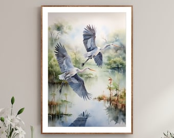Great Blue Herons Print, Watercolor Painting, Minimalist Coastal Room Decor, Extra Large Bird Picture, Gift for any occasion