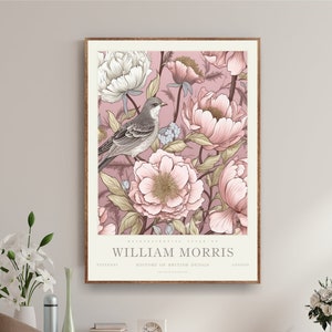 Impresión de arte de William Morris, cartel rosa de pájaros, arte de la pared del gran museo, regalo de inauguración de la casa