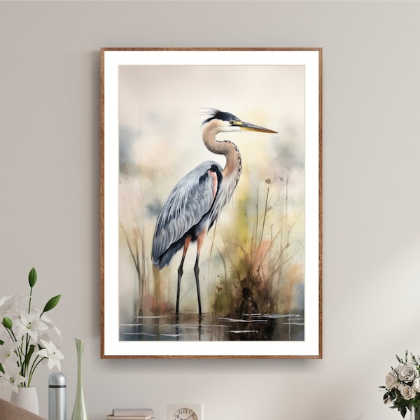 Watercolor Painting Print, Great Blue Heron Print, Minimalist Coastal Room Decor, Extra Large Bird Picture